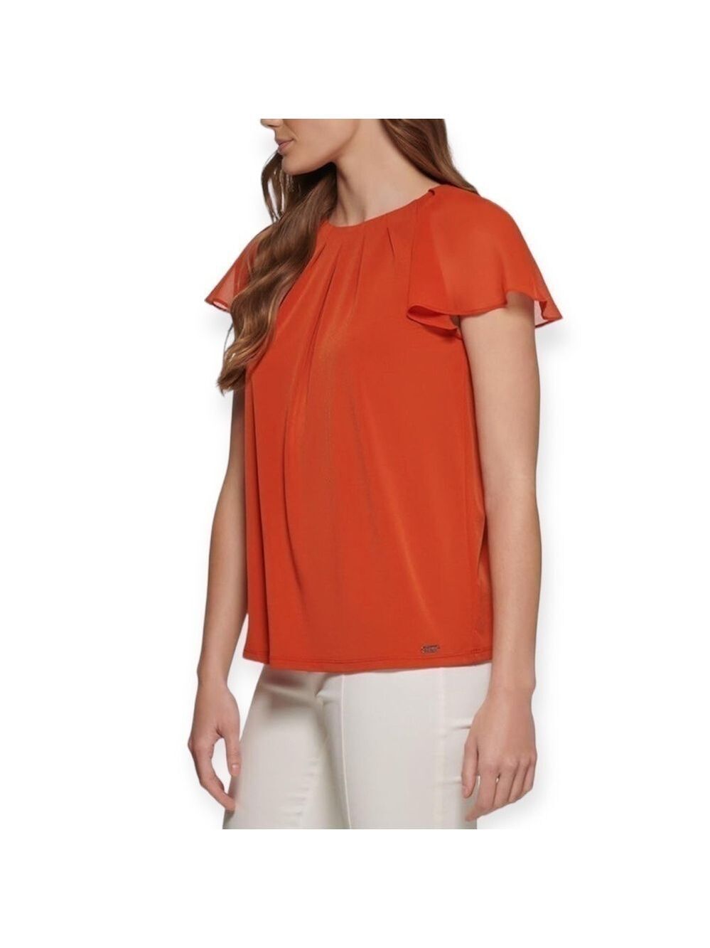 Calvin Klein Pleaded Sheer Flutter Short Sleeve Blouse Top Size M - Picture 2 of 12